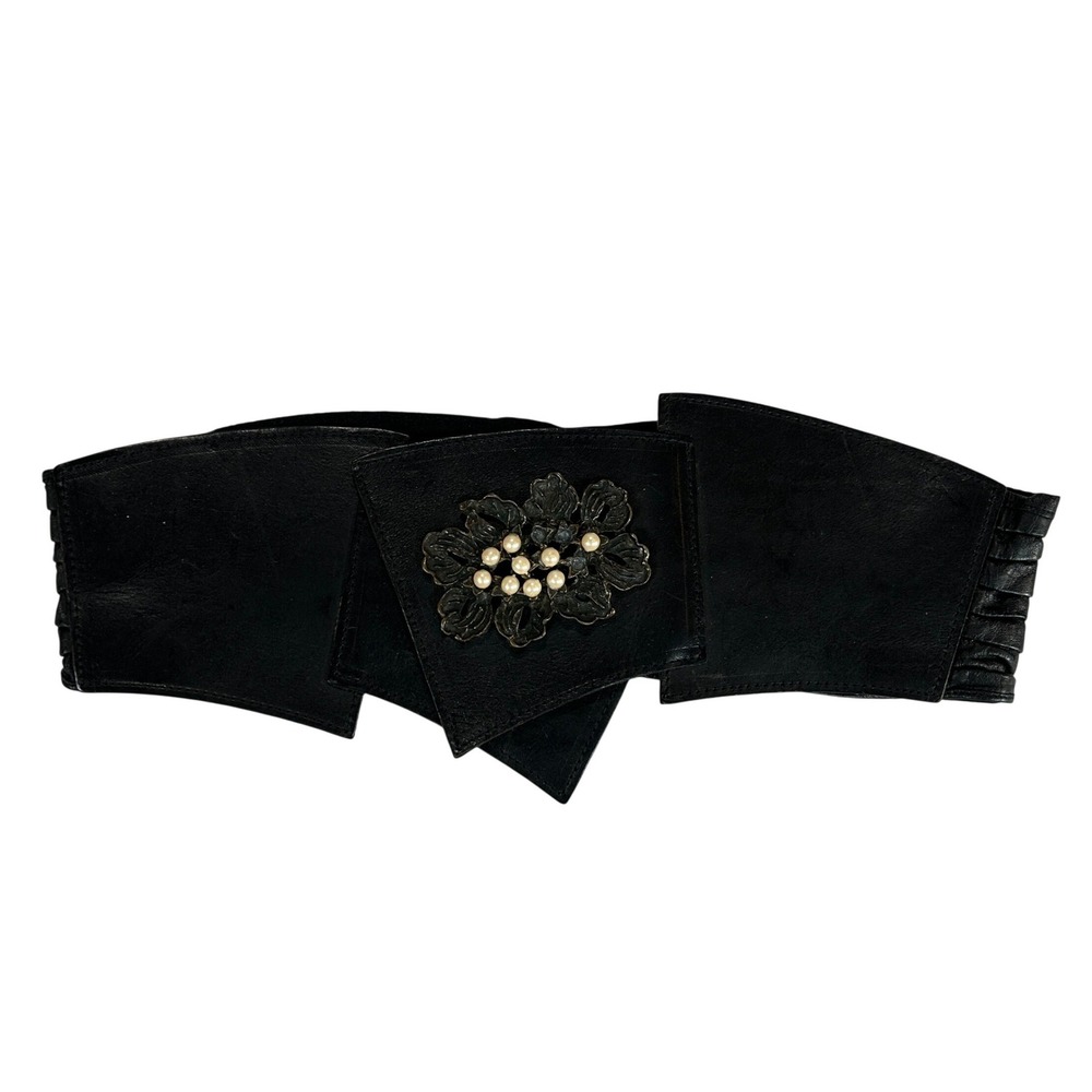 Vintage 80s Pop Cork Black Leather Wide Cincher Belt Flower Faux Pearl 80s 90s